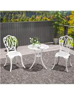 Outsunny 3 Piece Garden Bistro Set, Cast Aluminium Outdoor Furniture Set with Umbrella Hole for Balcony, Porch, Patio, White 2