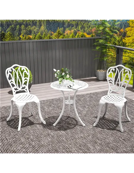 Outsunny 3 Piece Garden Bistro Set, Cast Aluminium Outdoor Furniture Set with Umbrella Hole for Balcony, Porch, Patio, White