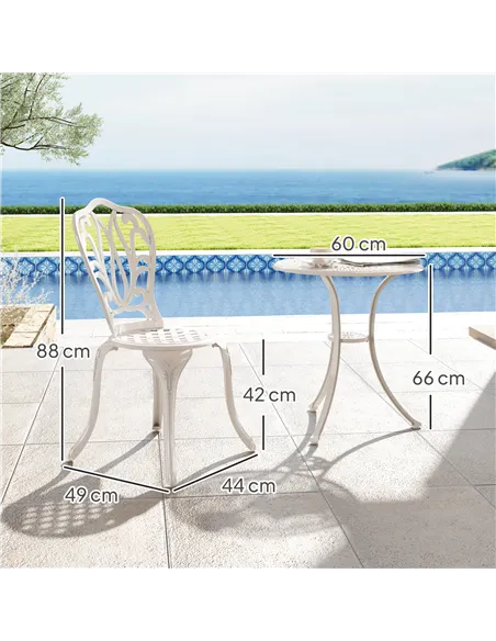 Outsunny 3 Piece Garden Bistro Set, Cast Aluminium Outdoor Furniture Set with Umbrella Hole for Balcony, Porch, Patio, White