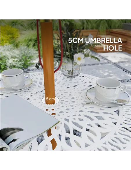 Outsunny 3 Piece Garden Bistro Set, Cast Aluminium Outdoor Furniture Set with Umbrella Hole for Balcony, Porch, Patio, White
