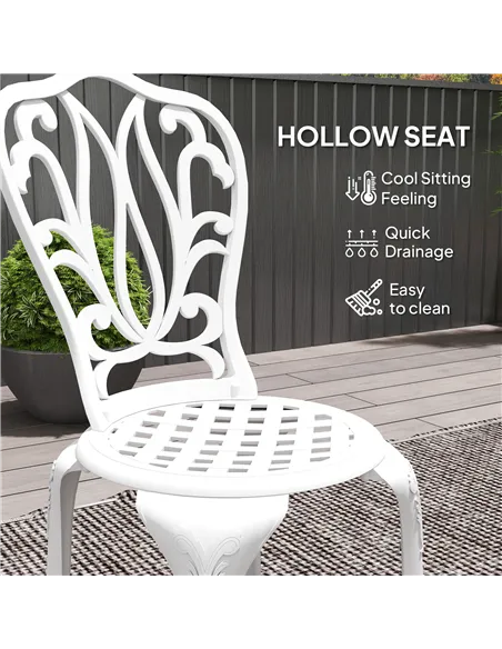 Outsunny 3 Piece Garden Bistro Set, Cast Aluminium Outdoor Furniture Set with Umbrella Hole for Balcony, Porch, Patio, White