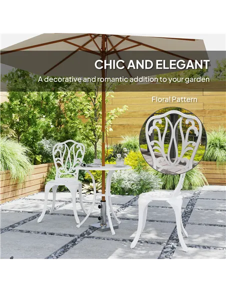 Outsunny 3 Piece Garden Bistro Set, Cast Aluminium Outdoor Furniture Set with Umbrella Hole for Balcony, Porch, Patio, White
