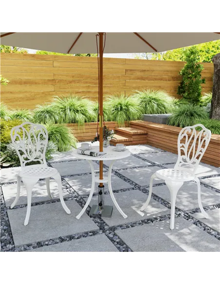 Outsunny 3 Piece Garden Bistro Set, Cast Aluminium Outdoor Furniture Set with Umbrella Hole for Balcony, Porch, Patio, White