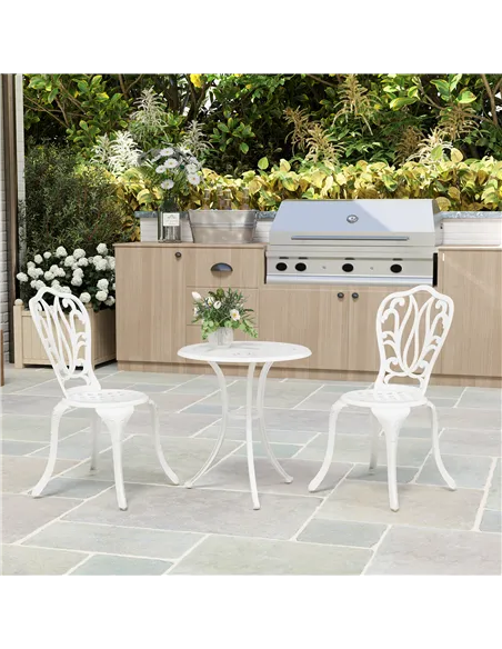 Outsunny 3 Piece Garden Bistro Set, Cast Aluminium Outdoor Furniture Set with Umbrella Hole for Balcony, Porch, Patio, White