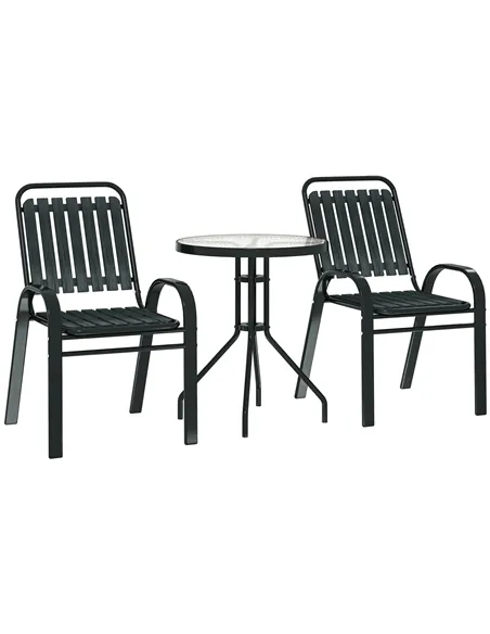 Outsunny 3 Pieces Patio Bistro Set with Stackable Chairs, Tempered Glass Table, for Outdoor, Balcony, Patio, Garden Charcoal Gre