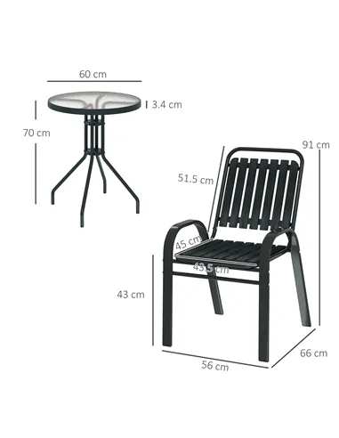 Outsunny 3 Pieces Patio Bistro Set with Stackable Chairs, Tempered Glass Table, for Outdoor, Balcony, Patio, Garden Charcoal Gre