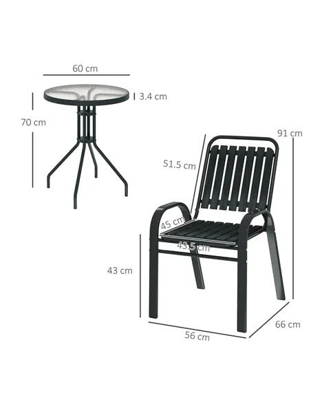 Outsunny 3 Pieces Patio Bistro Set with Stackable Chairs, Tempered Glass Table, for Outdoor, Balcony, Patio, Garden Charcoal Gre
