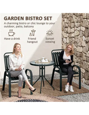 Outsunny 3 Pieces Patio Bistro Set with Stackable Chairs, Tempered Glass Table, for Outdoor, Balcony, Patio, Garden Charcoal Gre