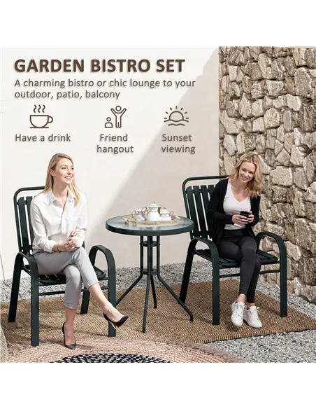 Outsunny 3 Pieces Patio Bistro Set with Stackable Chairs, Tempered Glass Table, for Outdoor, Balcony, Patio, Garden Charcoal Gre