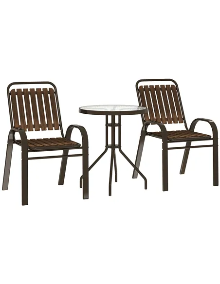 Outsunny 3 Pieces Patio Bistro Set with Stackable Chairs, Tempered Glass Table, for Outdoor, Balcony, Patio, Garden, Dark Brown