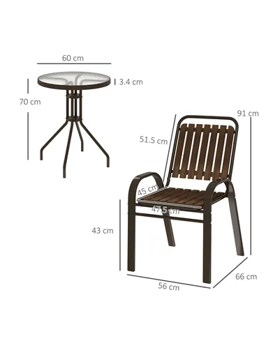 Outsunny 3 Pieces Patio Bistro Set with Stackable Chairs, Tempered Glass Table, for Outdoor, Balcony, Patio, Garden, Dark Brown