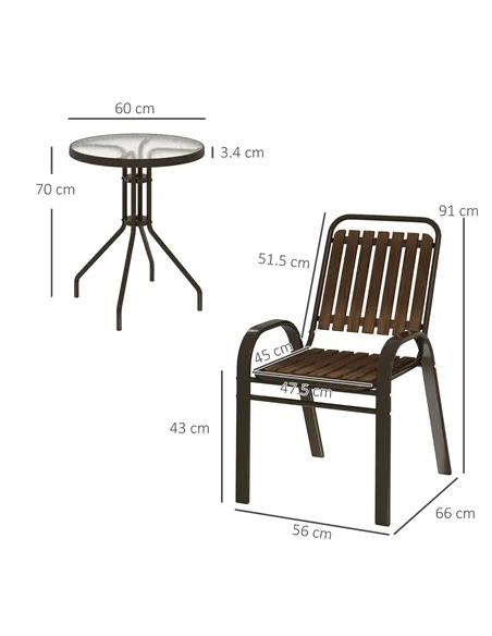 Outsunny 3 Pieces Patio Bistro Set with Stackable Chairs, Tempered Glass Table, for Outdoor, Balcony, Patio, Garden, Dark Brown