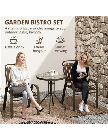 Outsunny 3 Pieces Patio Bistro Set with Stackable Chairs, Tempered Glass Table, for Outdoor, Balcony, Patio, Garden, Dark Brown