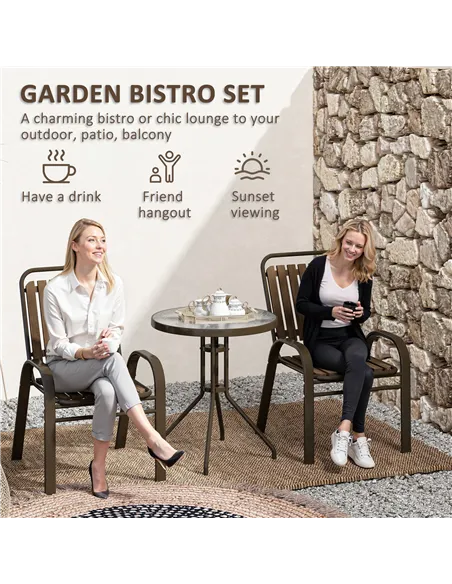 Outsunny 3 Pieces Patio Bistro Set with Stackable Chairs, Tempered Glass Table, for Outdoor, Balcony, Patio, Garden, Dark Brown