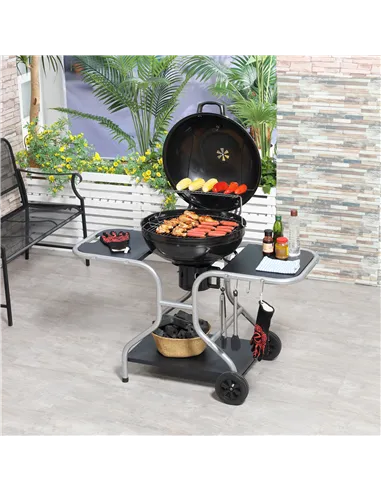 Outsunny Portable Charcoal Kettle Grill Outdoor Barbecue Trolley BBQ Heat Smoker Grilling with 2 Wheels, Storage Shelf and 4 Hoo