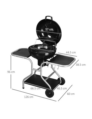 Outsunny Portable Charcoal Kettle Grill Outdoor Barbecue Trolley BBQ Heat Smoker Grilling with 2 Wheels, Storage Shelf and 4 Hoo