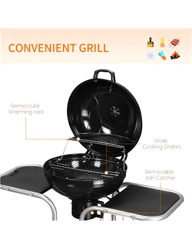 Outsunny Portable Charcoal Kettle Grill Outdoor Barbecue Trolley BBQ Heat Smoker Grilling with 2 Wheels, Storage Shelf and 4 Hoo