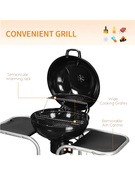 Outsunny Portable Charcoal Kettle Grill Outdoor Barbecue Trolley BBQ Heat Smoker Grilling with 2 Wheels, Storage Shelf and 4 Hoo