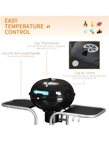 Outsunny Portable Charcoal Kettle Grill Outdoor Barbecue Trolley BBQ Heat Smoker Grilling with 2 Wheels, Storage Shelf and 4 Hoo