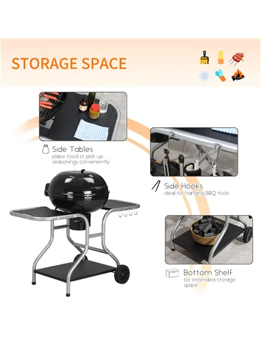 Outsunny Portable Charcoal Kettle Grill Outdoor Barbecue Trolley BBQ Heat Smoker Grilling with 2 Wheels, Storage Shelf and 4 Hoo
