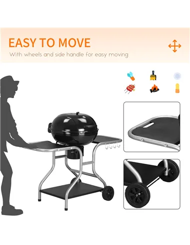 Outsunny Portable Charcoal Kettle Grill Outdoor Barbecue Trolley BBQ Heat Smoker Grilling with 2 Wheels, Storage Shelf and 4 Hoo