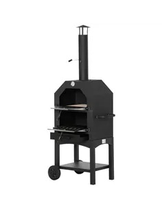 Outsunny Outdoor Garden Pizza Oven Charcoal BBQ Grill 3-Tier Freestanding w/ Chimney, Mesh Shelf, Thermometer Handles, Wheels Ga