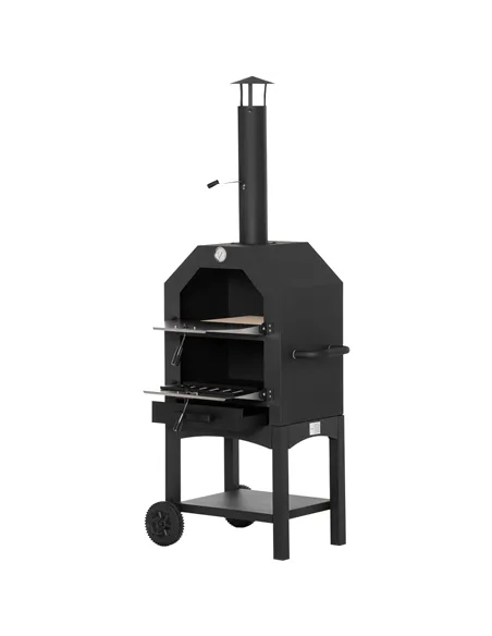 Outsunny Outdoor Garden Pizza Oven Charcoal BBQ Grill 3-Tier Freestanding w/ Chimney, Mesh Shelf, Thermometer Handles, Wheels Ga