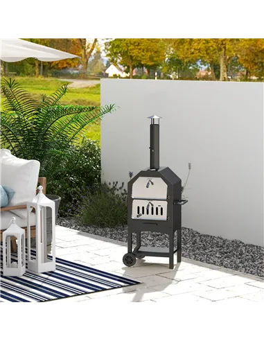 Outsunny Outdoor Garden Pizza Oven Charcoal BBQ Grill 3-Tier Freestanding w/ Chimney, Mesh Shelf, Thermometer Handles, Wheels Ga