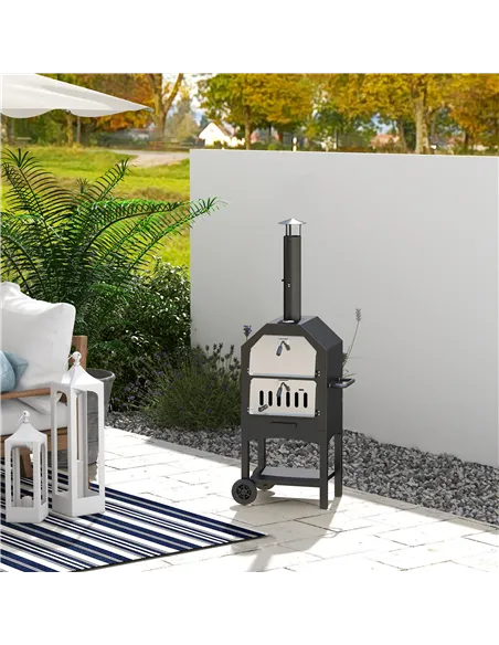 Outsunny Outdoor Garden Pizza Oven Charcoal BBQ Grill 3-Tier Freestanding w/ Chimney, Mesh Shelf, Thermometer Handles, Wheels Ga