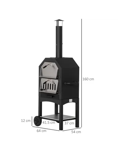 Outsunny Outdoor Garden Pizza Oven Charcoal BBQ Grill 3-Tier Freestanding w/ Chimney, Mesh Shelf, Thermometer Handles, Wheels Ga