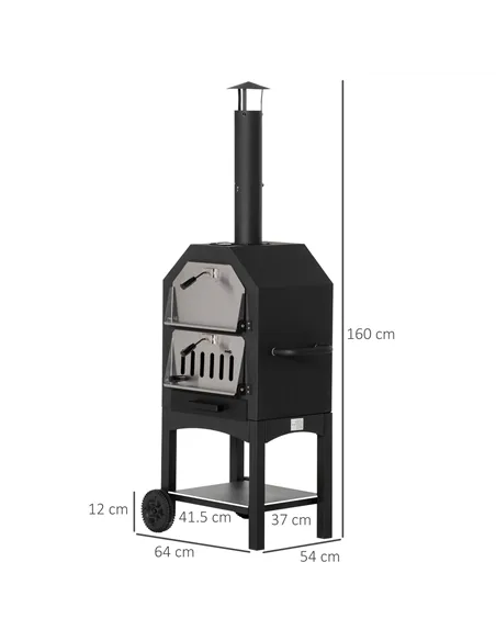 Outsunny Outdoor Garden Pizza Oven Charcoal BBQ Grill 3-Tier Freestanding w/ Chimney, Mesh Shelf, Thermometer Handles, Wheels Ga