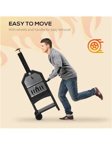 Outsunny Outdoor Garden Pizza Oven Charcoal BBQ Grill 3-Tier Freestanding w/ Chimney, Mesh Shelf, Thermometer Handles, Wheels Ga