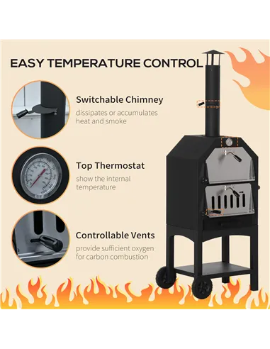 Outsunny Outdoor Garden Pizza Oven Charcoal BBQ Grill 3-Tier Freestanding w/ Chimney, Mesh Shelf, Thermometer Handles, Wheels Ga