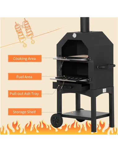 Outsunny Outdoor Garden Pizza Oven Charcoal BBQ Grill 3-Tier Freestanding w/ Chimney, Mesh Shelf, Thermometer Handles, Wheels Ga
