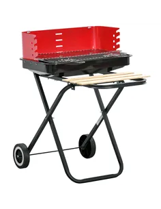 Outsunny Charcoal Trolley BBQ Barbecue Grill Patio Camping Picnic Garden Party Outdoor Cooking with Windshield and Wheels Side T
