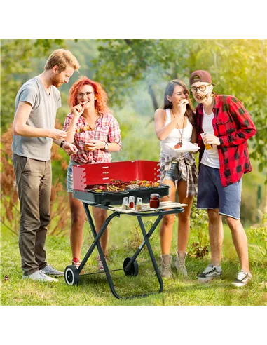 Outsunny Charcoal Trolley BBQ Barbecue Grill Patio Camping Picnic Garden Party Outdoor Cooking with Windshield and Wheels Side T