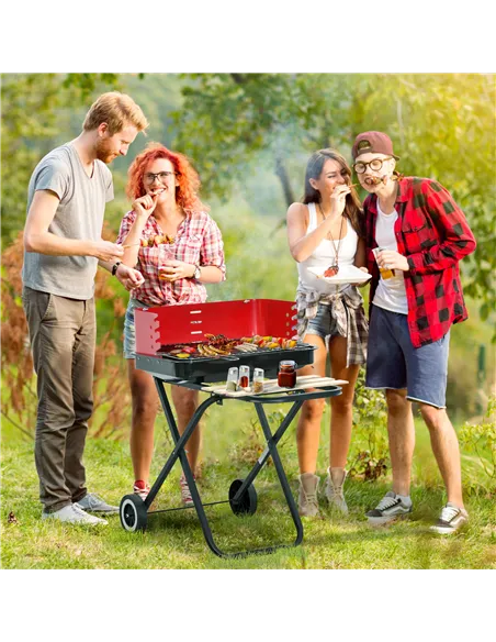 Outsunny Charcoal Trolley BBQ Barbecue Grill Patio Camping Picnic Garden Party Outdoor Cooking with Windshield and Wheels Side T