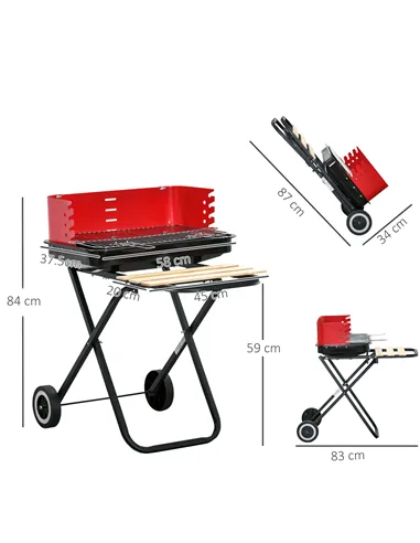 Outsunny Charcoal Trolley BBQ Barbecue Grill Patio Camping Picnic Garden Party Outdoor Cooking with Windshield and Wheels Side T