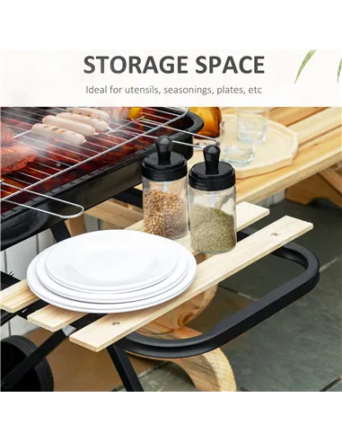 Outsunny Charcoal Trolley BBQ Barbecue Grill Patio Camping Picnic Garden Party Outdoor Cooking with Windshield and Wheels Side T