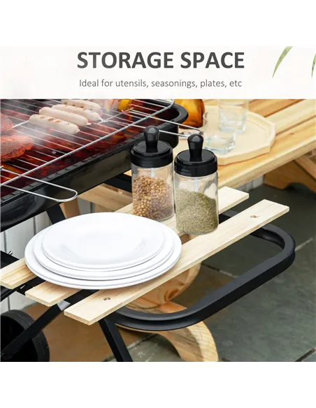 Outsunny Charcoal Trolley BBQ Barbecue Grill Patio Camping Picnic Garden Party Outdoor Cooking with Windshield and Wheels Side T