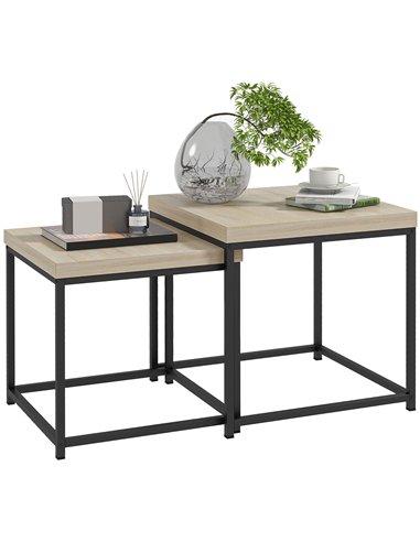 HOMCOM Coffee Table Set of 2, Nest of Tables with 3.5cm Thick Tabletop, Oak