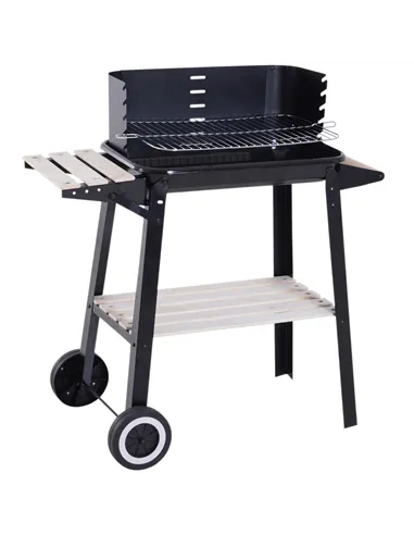 Outsunny Trolley Charcoal BBQ Barbecue Grill Outdoor Patio Garden Heating Smoker with Side Trays Storage Shelf and Wheels