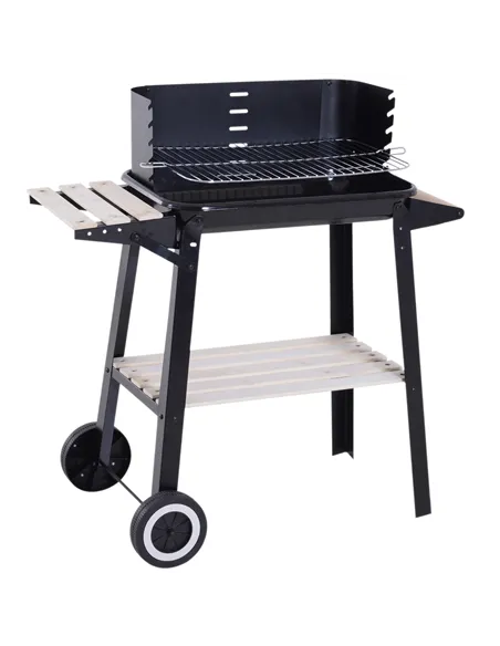 Outsunny Trolley Charcoal BBQ Barbecue Grill Outdoor Patio Garden Heating Smoker with Side Trays Storage Shelf and Wheels