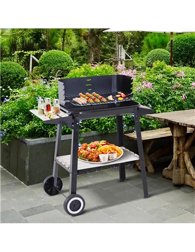 Outsunny Trolley Charcoal BBQ Barbecue Grill Outdoor Patio Garden Heating Smoker with Side Trays Storage Shelf and Wheels