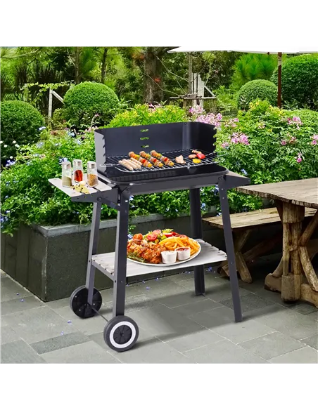 Outsunny Trolley Charcoal BBQ Barbecue Grill Outdoor Patio Garden Heating Smoker with Side Trays Storage Shelf and Wheels
