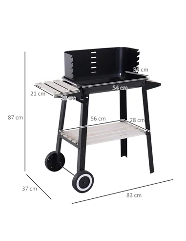 Outsunny Trolley Charcoal BBQ Barbecue Grill Outdoor Patio Garden Heating Smoker with Side Trays Storage Shelf and Wheels