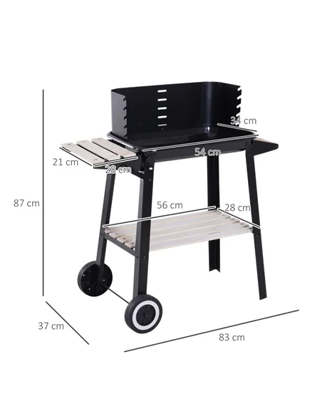 Outsunny Trolley Charcoal BBQ Barbecue Grill Outdoor Patio Garden Heating Smoker with Side Trays Storage Shelf and Wheels