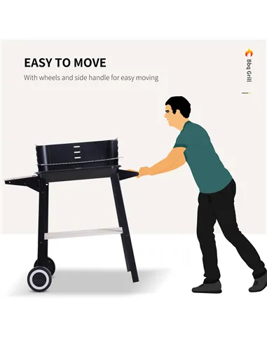 Outsunny Trolley Charcoal BBQ Barbecue Grill Outdoor Patio Garden Heating Smoker with Side Trays Storage Shelf and Wheels