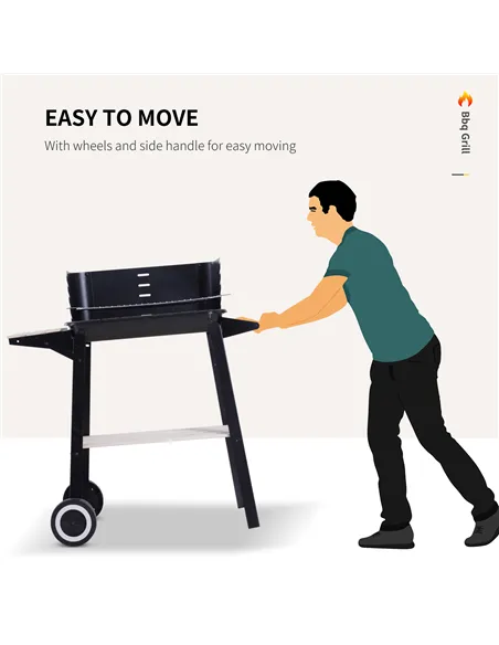 Outsunny Trolley Charcoal BBQ Barbecue Grill Outdoor Patio Garden Heating Smoker with Side Trays Storage Shelf and Wheels