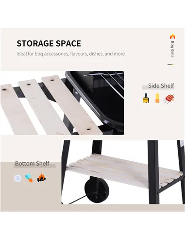 Outsunny Trolley Charcoal BBQ Barbecue Grill Outdoor Patio Garden Heating Smoker with Side Trays Storage Shelf and Wheels